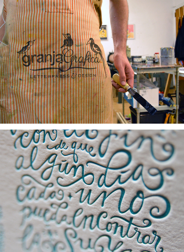 Flaunting a Granja Grafica print apron and letterpress teal ink is all in a day's work at the Barcelona, Spain print shop.