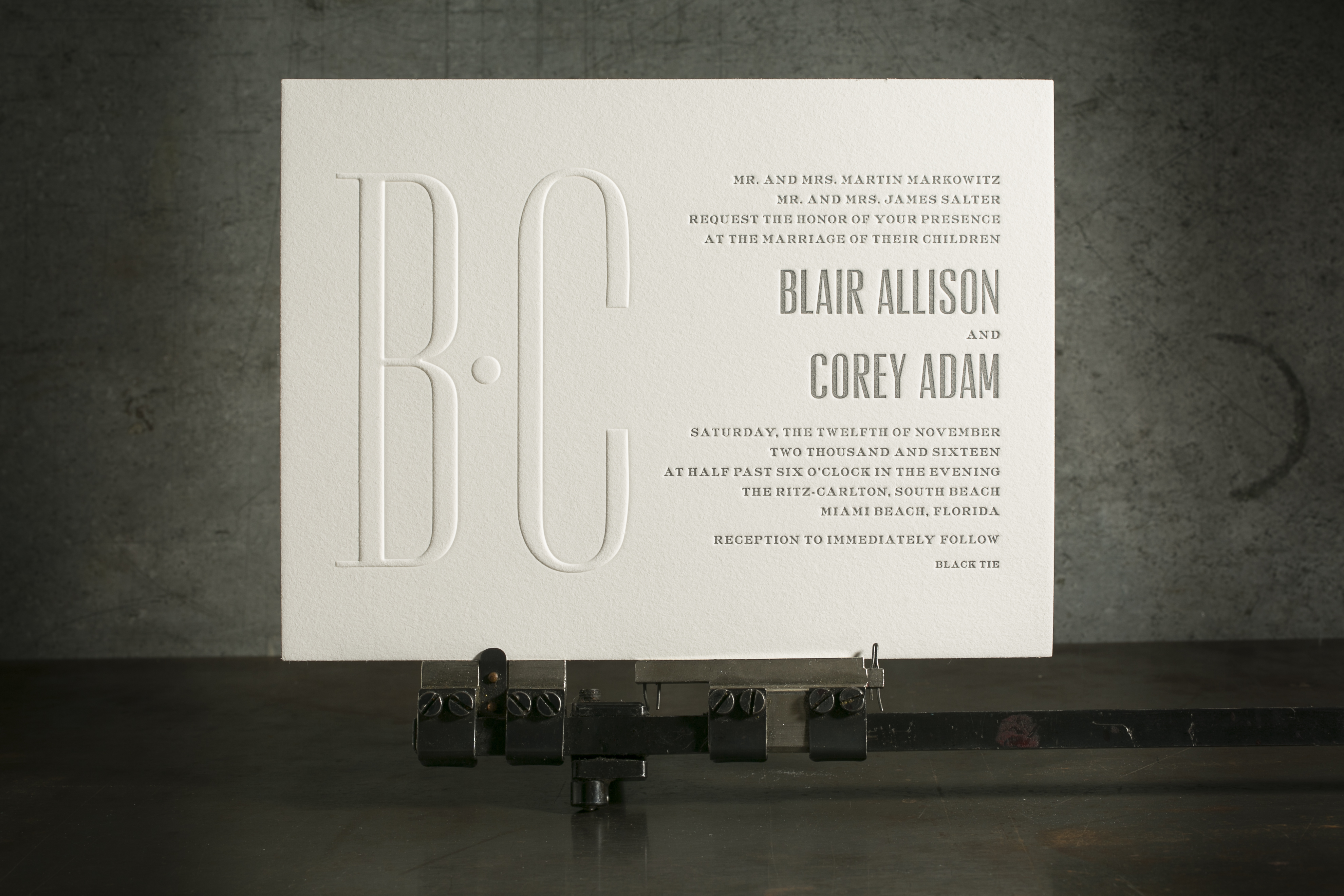 Letterpress + blind embossed custom wedding invitations from Bella Figura