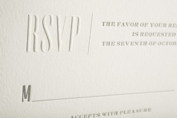 Letterpress + blind embossed custom wedding invitation reply cards from Bella Figura