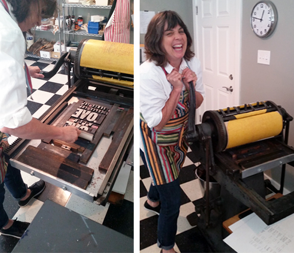 Melissa Livingston cheerily prints on a Chandler & Price Oldstyle in her letterpress shop in Oakton, Virginia.